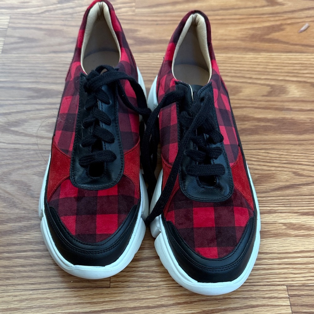 Anthropologie Red and Black Plaid Lace-Up Sneakers